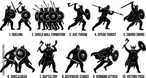 Set of ten Viking warrior silhouettes featuring various combat poses, battle formations, weapon skills, and victory stances, isolated on white background.