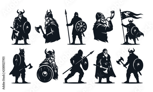 Set of black silhouette viking warriors with axes, shields, spears, and banners, isolated on white background for heraldry and design.