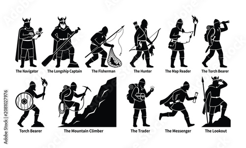 Set of Viking warrior silhouettes performing various activities, including navigation, hunting, fishing, climbing, trading, and exploring, isolated on white background, vector.