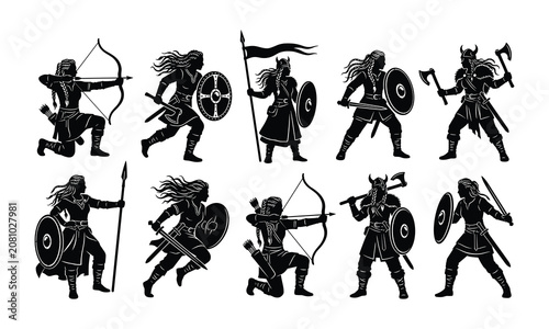 Set of Viking warrior silhouettes including archers, shield maidens, and axemen, isolated on white background, historical fantasy battle characters, collection.