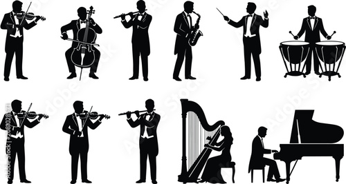 Fotografía Classical Orchestra Musician Silhouette Collection with Conductor Piano Harp and