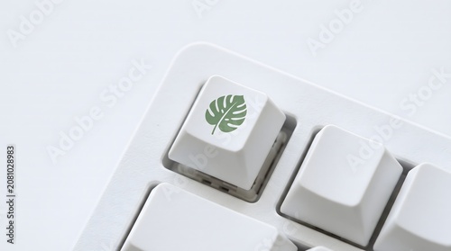 Green leaf icon on a white keyboard key representing nature and technology