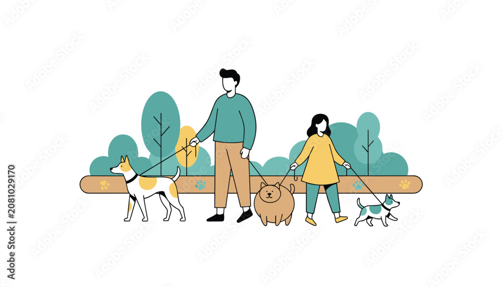 Naklejka premium Couple walking multiple dogs on leashes in a park with trees, representing pet ownership, outdoor exercise, and leisurely weekend activity.