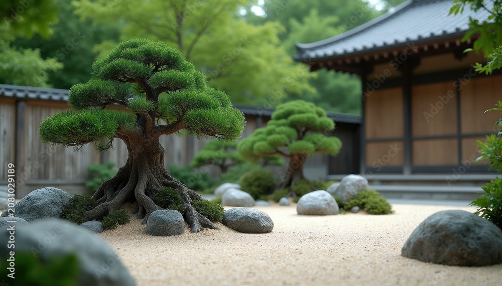 Fototapeta premium Zen garden with bonsai trees, raked sand, and rocks. Traditional Japanese architecture in background. Peaceful nature scene for meditation and relaxation.