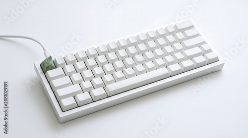 Minimalist white keyboard with a green leaf keycap and white cable on a white background