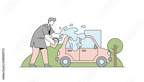 Dedicated worker washes a personal car outdoors using a bucket and water to ensure the vehicle remains clean and well maintained for daily use.