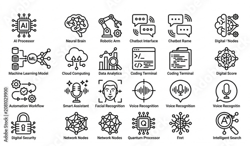 Minimal black and white artificial intelligence icons pack with neural network robotics and machine learning symbols vector isolated on white background