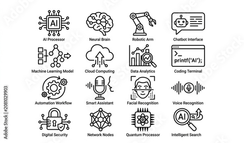 Minimal black and white artificial intelligence icons pack with neural network robotics and machine learning symbols vector isolated on white background
