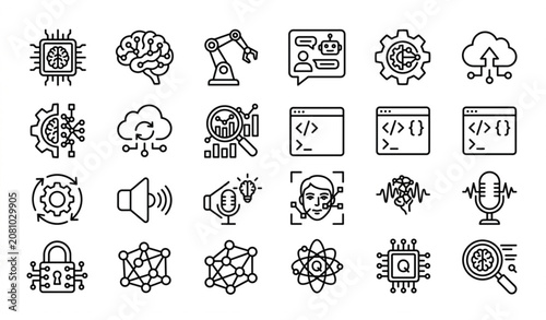 Minimal black and white artificial intelligence icons pack with neural network robotics and machine learning symbols vector isolated on white background