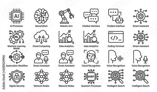 Minimal black and white artificial intelligence icons pack with neural network robotics and machine learning symbols vector isolated on white background