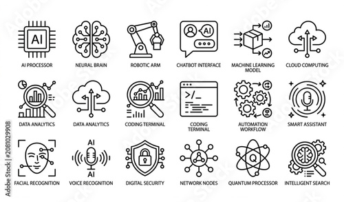 Minimal black and white artificial intelligence icons pack with neural network robotics and machine learning symbols vector isolated on white background