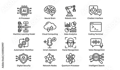 Minimal black and white artificial intelligence icons pack with neural network robotics and machine learning symbols vector isolated on white background