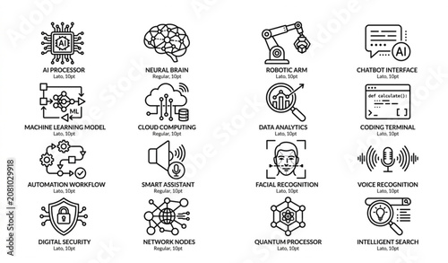 Minimal black and white artificial intelligence icons pack with neural network robotics and machine learning symbols vector isolated on white background