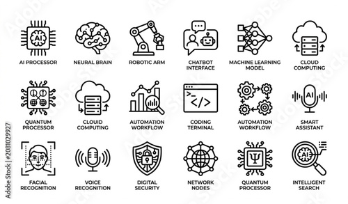 Minimal black and white artificial intelligence icons pack with neural network robotics and machine learning symbols vector isolated on white background