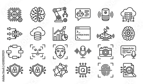 Minimal black and white artificial intelligence icons pack with neural network robotics and machine learning symbols vector isolated on white background