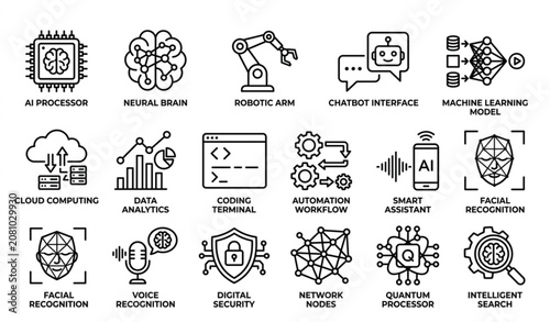 Minimal black and white artificial intelligence icons pack with neural network robotics and machine learning symbols vector isolated on white background
