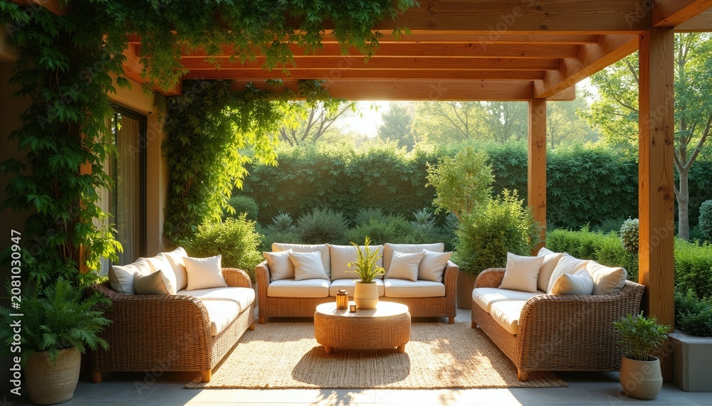 Fototapeta premium Wooden pergola covers outdoor seating area with wicker furniture and lush green plants. Sunny day illuminates comfortable patio space with sofa, chairs, and coffee table, perfect for relaxation.