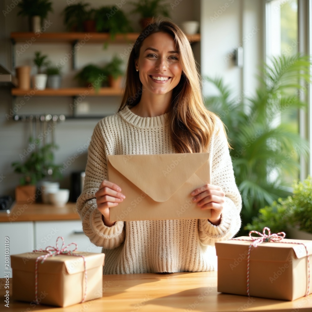 Fototapeta premium Smiling woman holds large envelope, two gift boxes nearby. She is indoors at a table with plants in background. Ready for special event delivery or celebration.