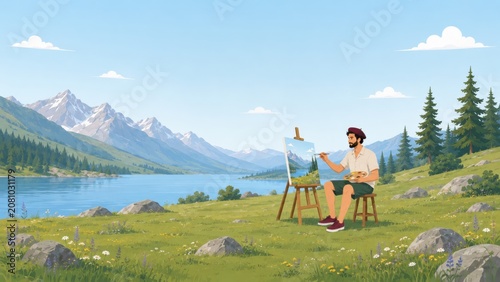Wide Alpine Landscape with Seated Male Artist Painting Outdoors