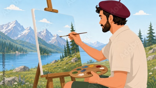 Male Artist Painting Alpine Lake Landscape from Side View