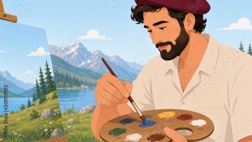 Close Up Male Artist Holding Paintbrush and Palette Outdoors