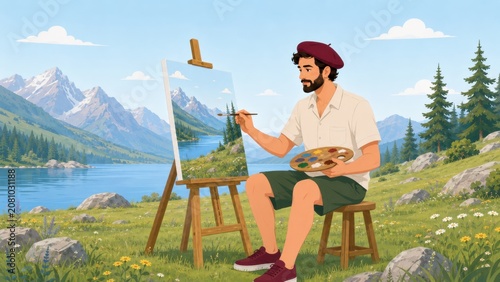 Male Painter Creating Landscape Art Beside Mountain Lake