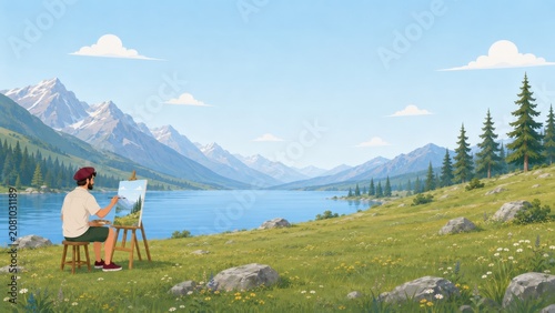 Wide Alpine Landscape with Small Male Artist Painting by Lake