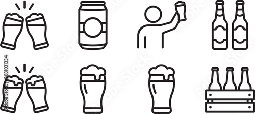 Beer and brewery icons collection depicting glasses bottles and canned beverages