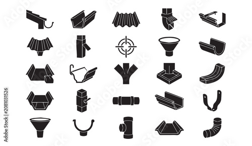 Collection of rain gutter and downspout components with drainage, downspout