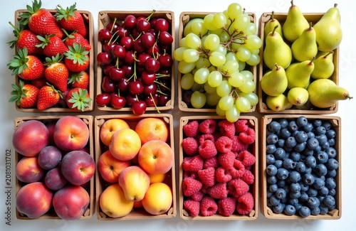 Variety of fresh berries, fruits arranged in wooden crates. Strawberries, cherries, grapes, pears, peaches, raspberries, blueberries displayed together. Offers colorful, healthy assortment for