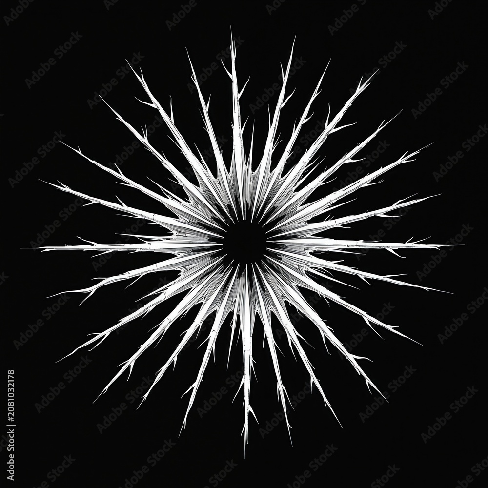 Fototapeta premium Black and white graphic illustration of spiky starburst shape. Sharp lines radiate from central dark void. Geometric radial pattern, abstract art.