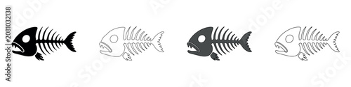 Fotografie Set of stylized fish skeleton icons in black and white outline and solid fill