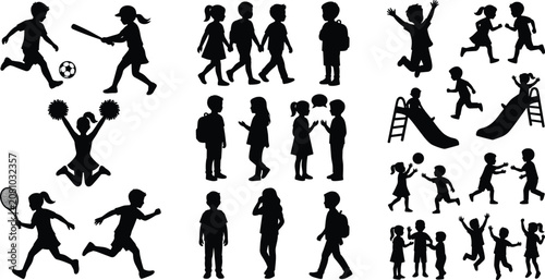 Bild auf Leinwand Collection of active children silhouettes playing sports going to school and pla