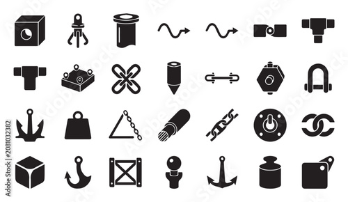 Industrial heavy machinery and cargo handling equipment icon set with industry
