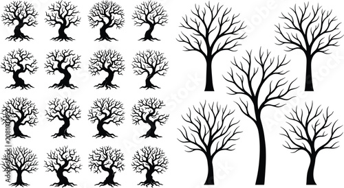 Bild auf Leinwand Collection of spooky dead tree silhouettes with bare leafless branches isolated