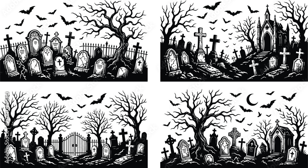 Fototapeta premium Helloween day graveyard scenes spooky cemetery illustrations for halloween designs