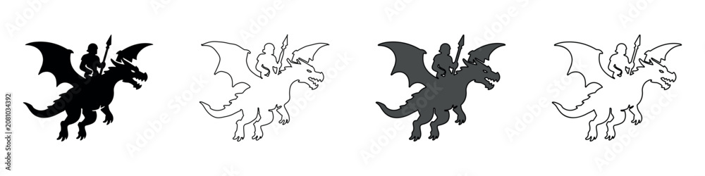 Fototapeta premium Silhouette of a knight riding a dragon with a spear in flight