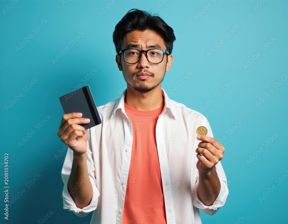 Obraz premium Young Asian man holds credit card and coin with worried face. He looks at camera with confusion, showing financial problems. Person expresses money worry.