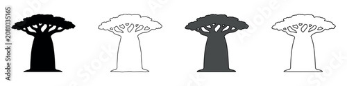 Fotografi Collection of four stylized baobab tree icons in black and white
