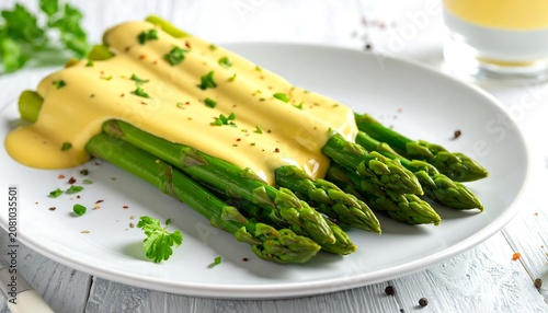 A close-up shot of green asparagus spears beautifully arranged on a white plate, coated in a rich, creamy sauce