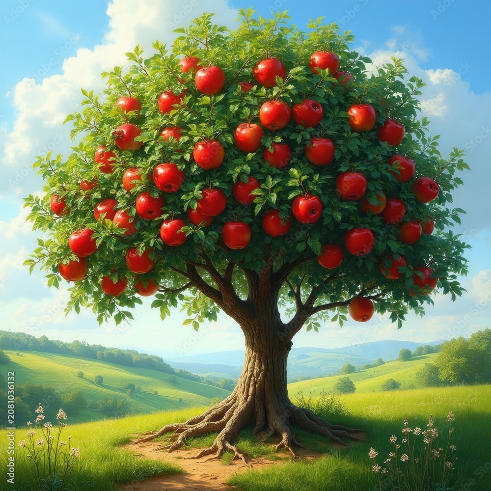 Fototapeta premium Ripe red apples hang on a green tree in a sunny orchard. Rolling hills form a pastoral landscape under a blue sky. Nature scene provides abundant fruit.