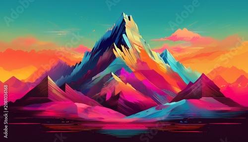 abstract glitched mountain landscape with vibrant colors and textures