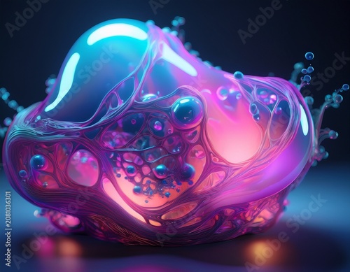 close up of amorphous glowing blob with pink and blue colors on dark background