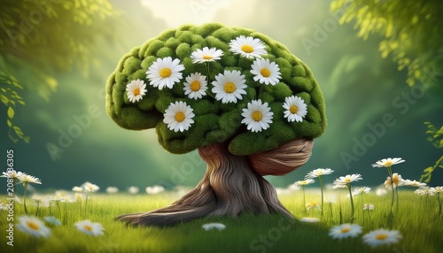 brain shaped mossy tree topped with white daisies beside a wooden trunk in a green grassy meadow whimsical and serene scene