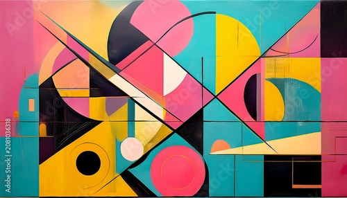 vibrant abstract mural of layered geometric panels with circles semicircles triangles rectangles and diamond shapes in distressed cyan pink yellow and black energetic and playful
