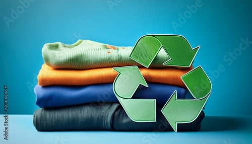 sustainable fashion pile of recycled clothes with green recycle symbol on blue background