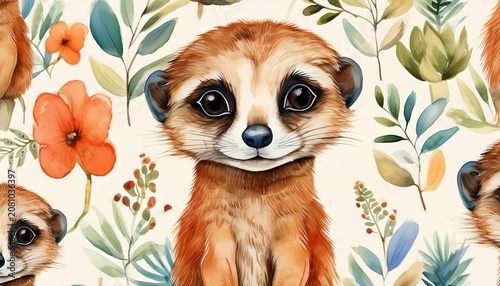 cute watercolor seamless pattern meerkat generated ai