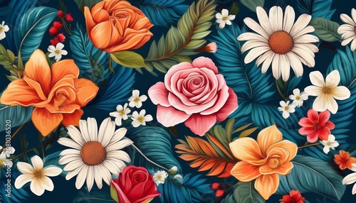 art of colorful floral pattern with roses daisies and tropical leaves on a dark blue background ideal for fabric design and vibrant summer projects