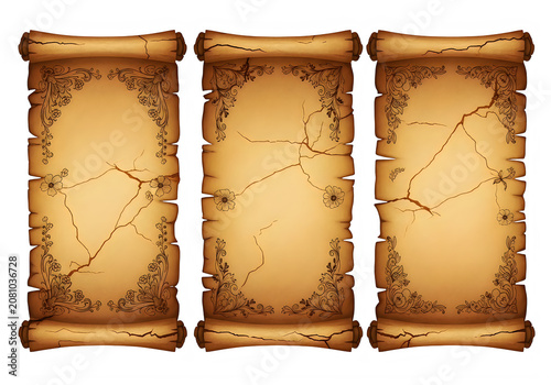 Three vintage old paper scrolls with blank space isolated on transparent background