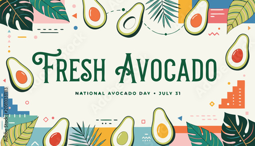 Cuadro en lienzo Colorful fresh avocado illustration for national avocado day celebration graphic